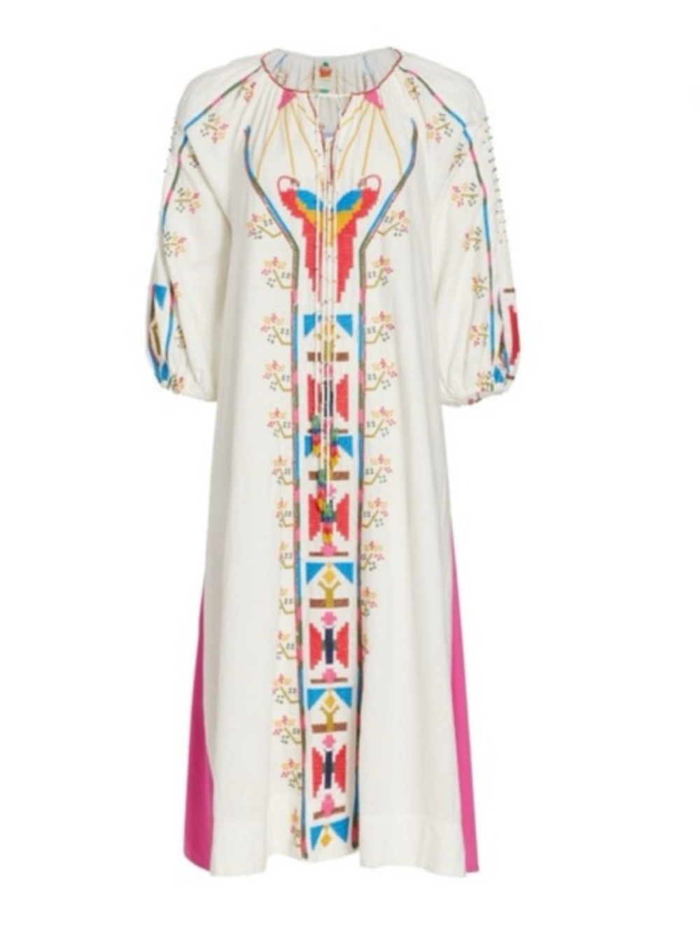 FARM Rio White Midi Dress with Pink, Blue and Yellow Embroidery